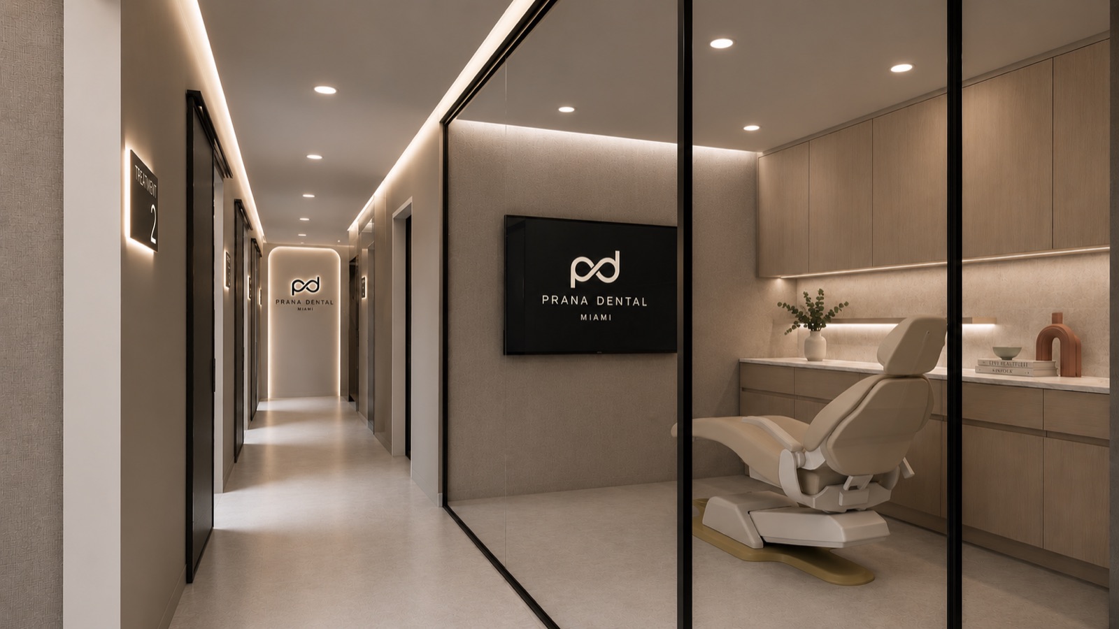 Glass-walled med-spa treatment suite at Prana Dental Miami