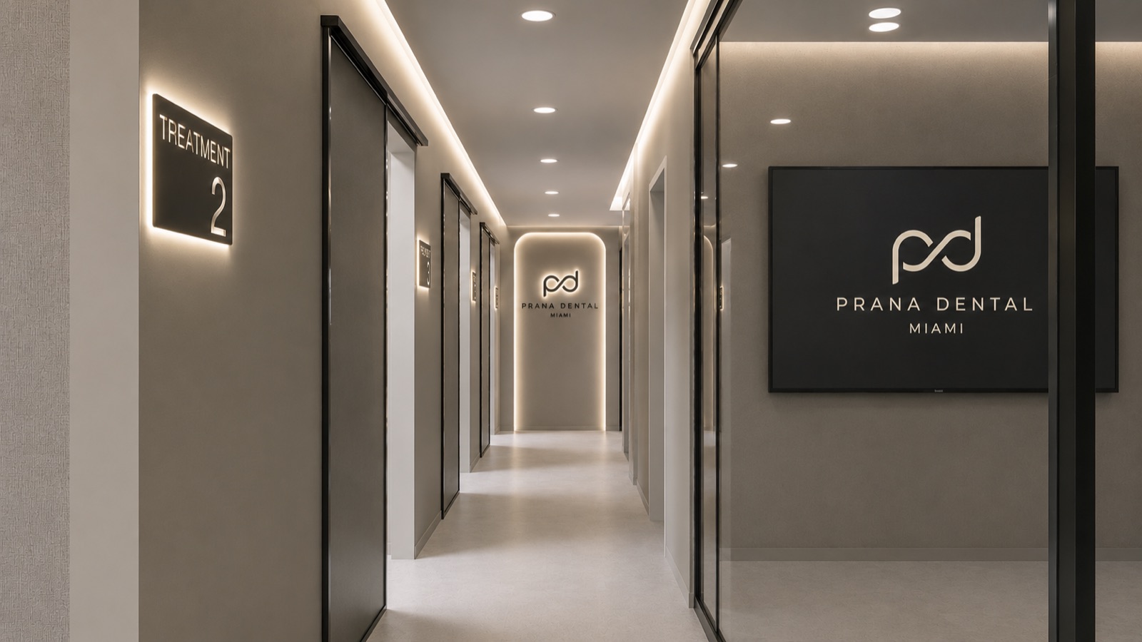 Backlit gallery corridor at Prana Dental Miami