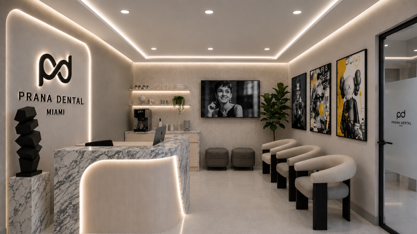 Prana Dental Miami lobby corner — marble desk, gallery wall and lounge seating