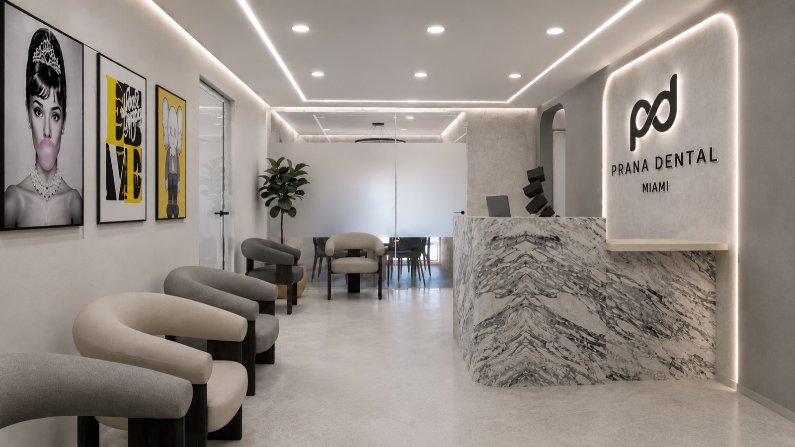 Curved lounge seating in the Prana Dental Miami lobby