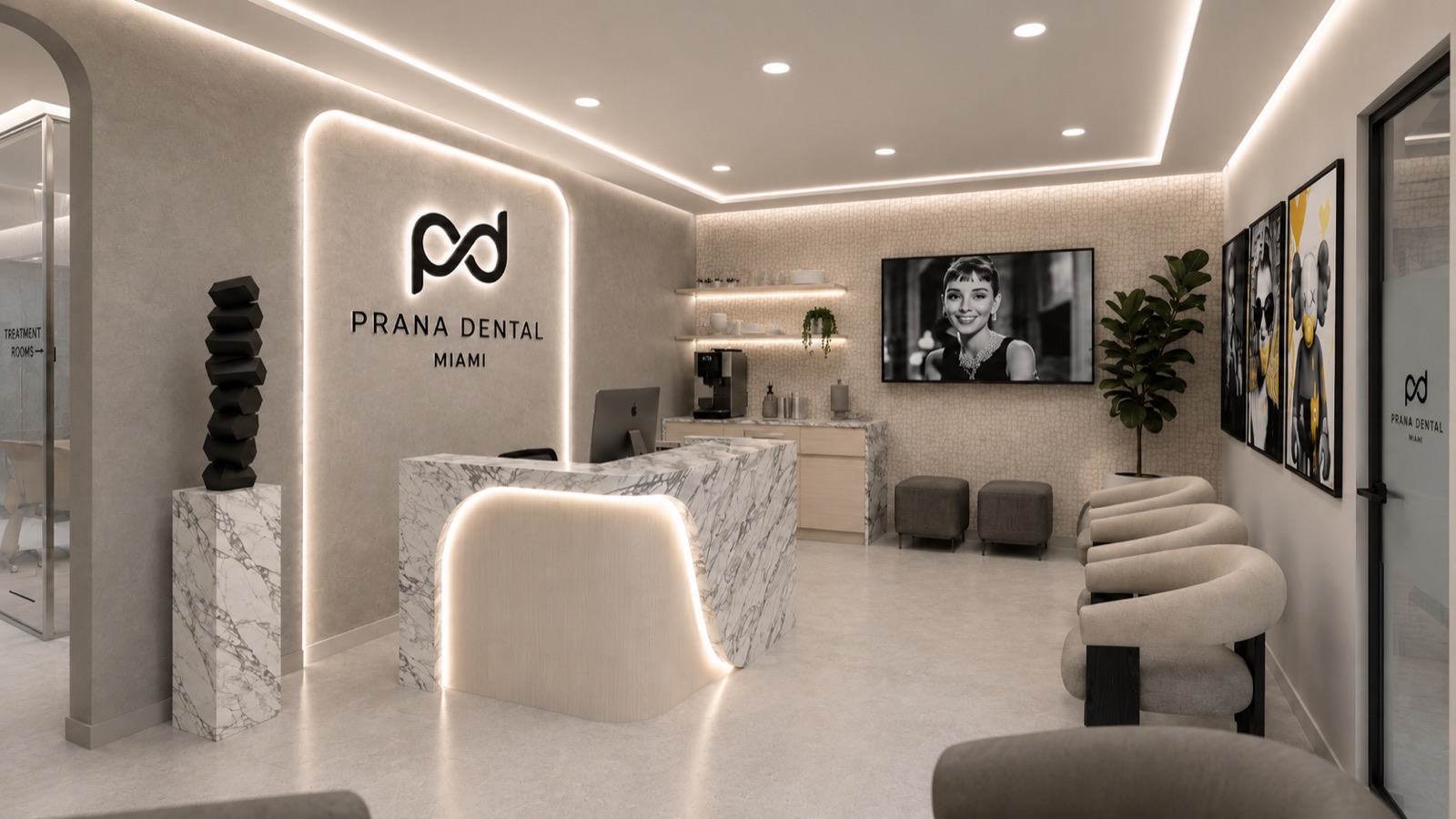 Warm, modern dental studio reception in Edgewater, Miami